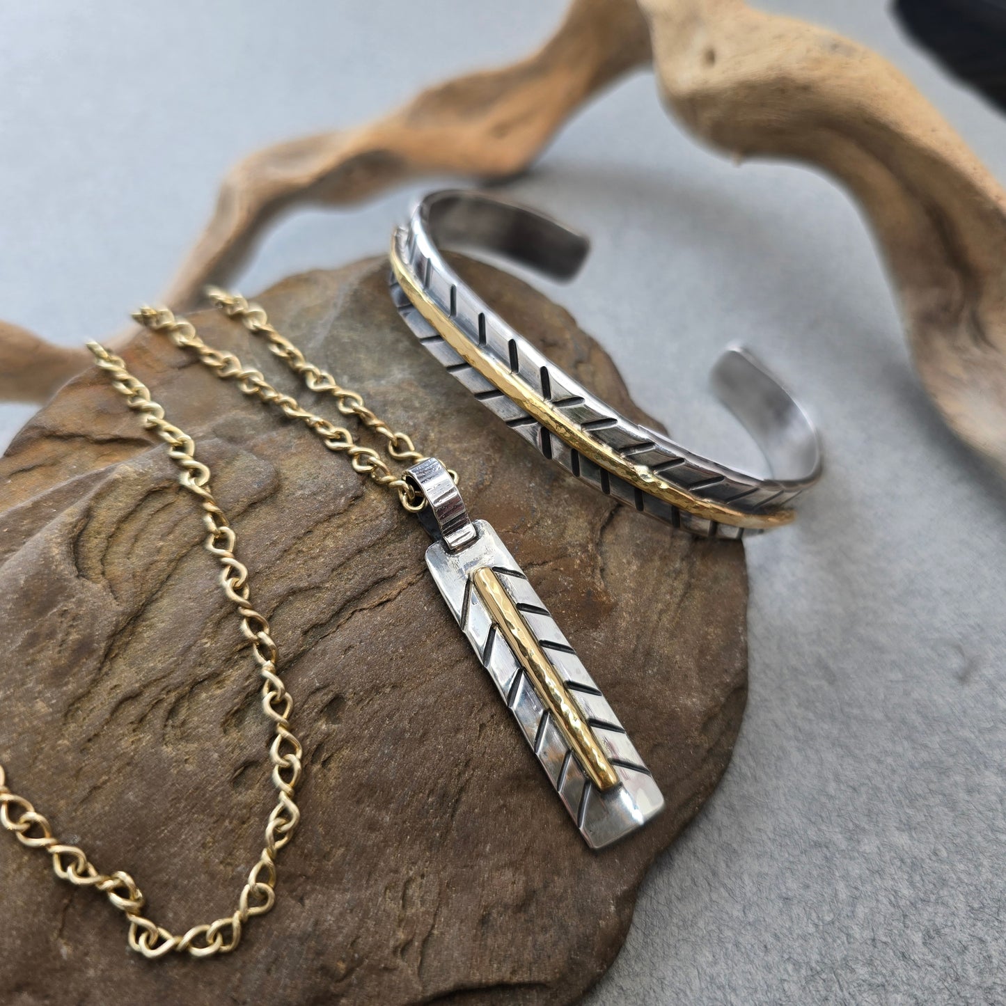 18k Gold & Argentium Stamped Bar Pendant
