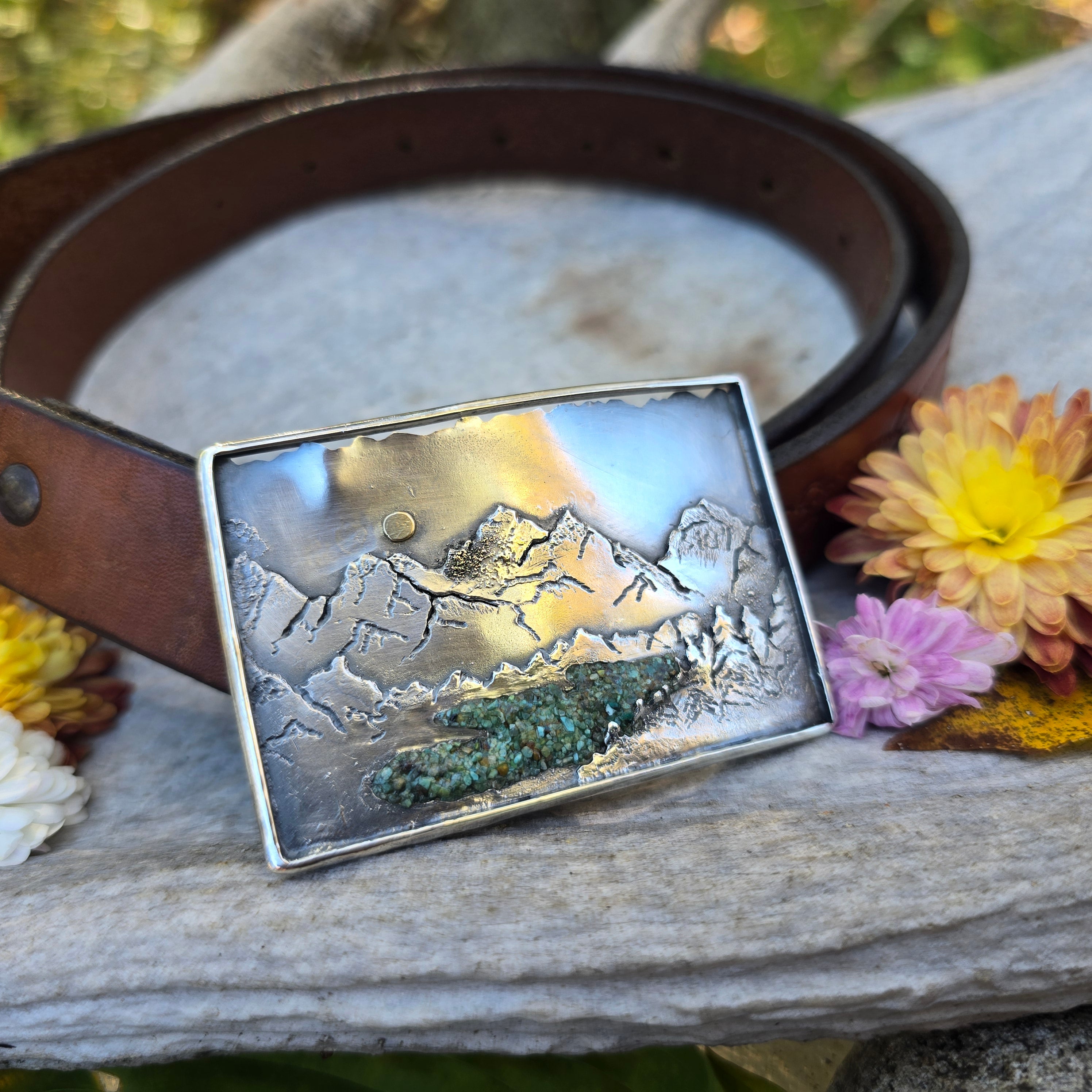 Handmade Nickel Quarter Green Turquoise Artisan Belt Buckle Turquoise belt buckle – JP Brand Handmade main image 2