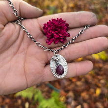 Load image into Gallery viewer, Artisan sterling silver hummingbird pendant featuring ruby gemstone, forged by hand at Sterling Roots studio.