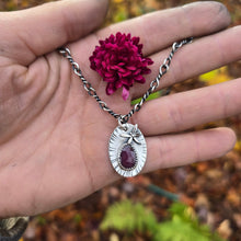 Load image into Gallery viewer, Sterling silver dragonfly pendant set with ruby, hand-forged and polished by Sterling Roots silversmiths.
