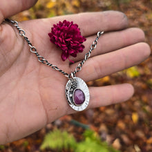 Load image into Gallery viewer, Hand-forged sterling silver rose pendant with ruby gemstone, crafted by Sterling Roots in the Adirondack foothills.