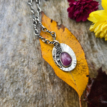 Load image into Gallery viewer, Hand-forged sterling silver rose pendant with ruby gemstone, crafted by Sterling Roots in the Adirondack foothills.