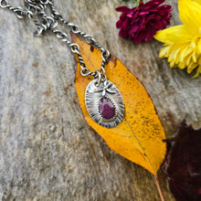 Load image into Gallery viewer, Sterling silver dragonfly pendant set with ruby, hand-forged and polished by Sterling Roots silversmiths.