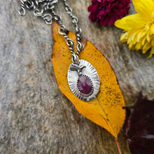 Load image into Gallery viewer, Artisan sterling silver hummingbird pendant featuring ruby gemstone, forged by hand at Sterling Roots studio.