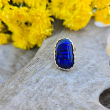 Load image into Gallery viewer, Double-shank sterling silver ring with blue dichroic glass that shifts from teal to indigo, handcrafted by Sterling Roots