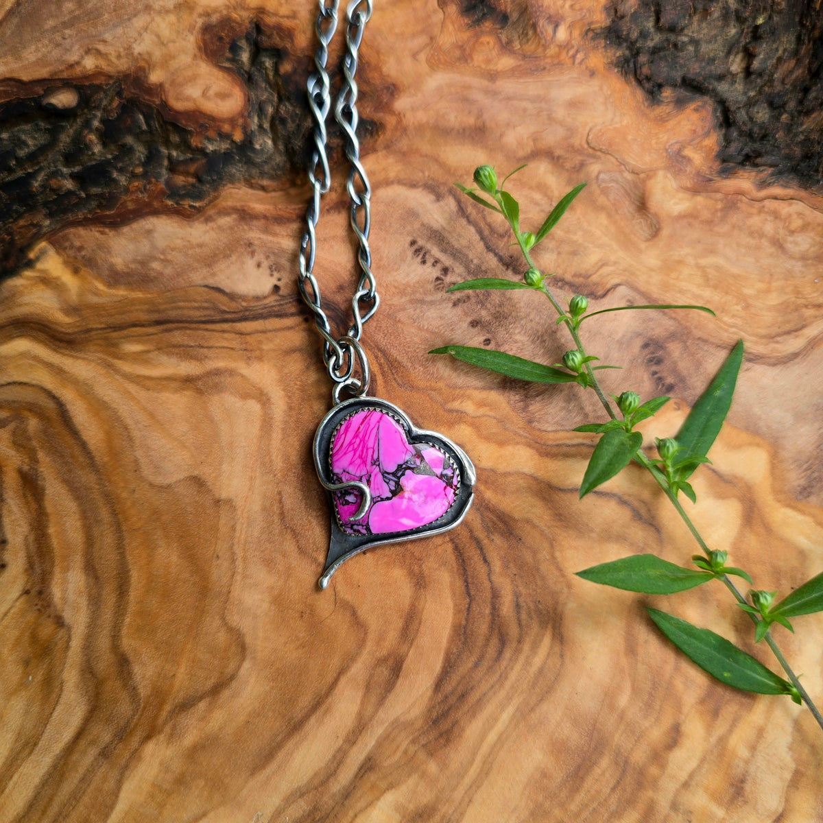 Pink Mojave Turquoise Heart Hand-Forged Sterling Silver Pendant