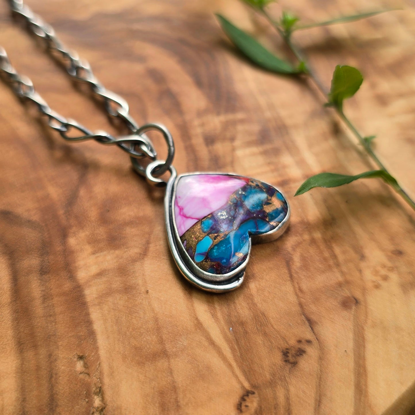 Pink & Blue Mojave Turquoise Hanging Heart Sterling Silver Pendant
