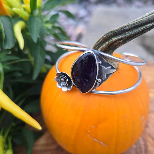 Genuine Amethyst, Hummingbird & Flower Sterling Silver Cuff Bracelet