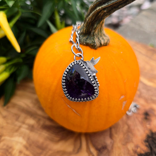 Genuine Amethyst & Hummingbird Hand-Forged Sterling Silver Pendant