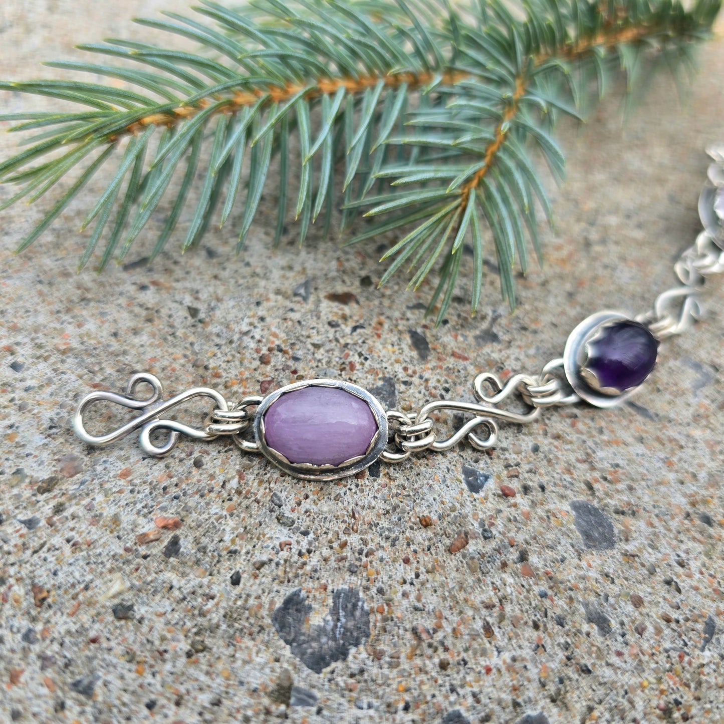 Amethyst & Kunzite Sterling Silver Chain Link Bracelet