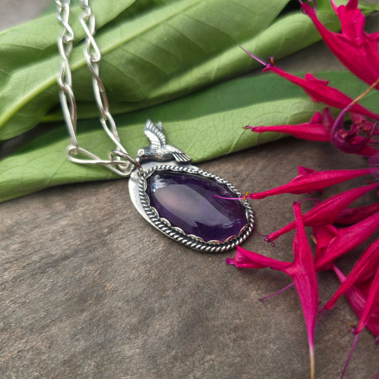 Amethyst Hummingbird Hand-Forged Sterling Silver Pendant