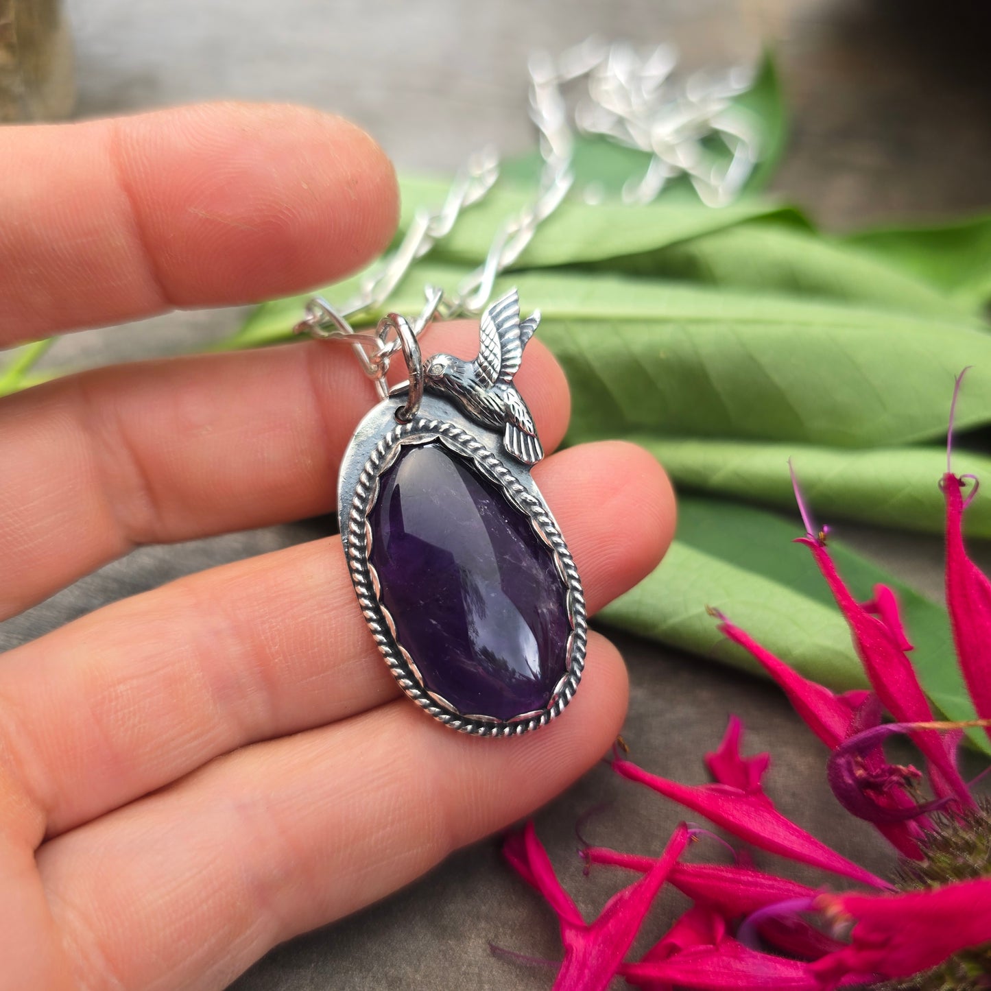 Amethyst Hummingbird Hand-Forged Sterling Silver Pendant