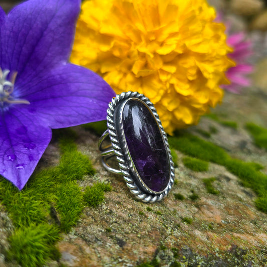 Heavy Twisted Wire Amethyst Hand-Forged Sterling Silver Statement Ring