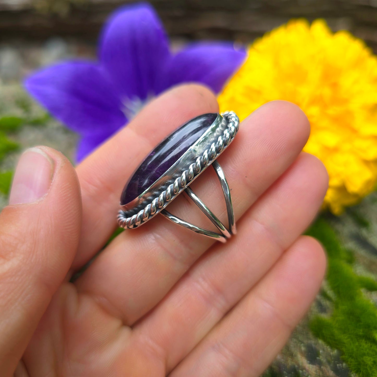 Heavy Twisted Wire Amethyst Hand-Forged Sterling Silver Statement Ring