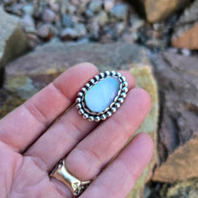 Load image into Gallery viewer, One-of-a-kind sterling silver Mother of Pearl ring with sculpted beaded edging