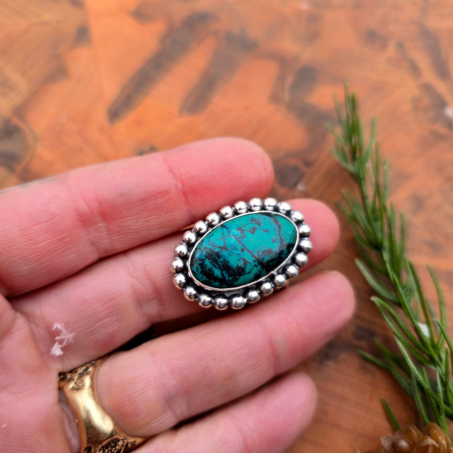 Detail of azurite and decorative shank in sterling silver ring