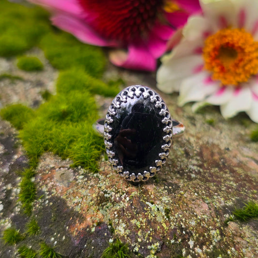 Black Tourmaline Gallery Bezel Hand-Forged Sterling Silver Ring