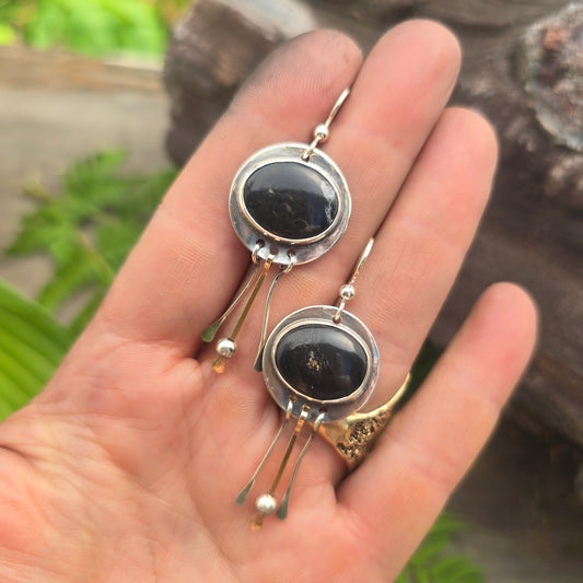 Black Buffalo & 14k Gold Fringe Sterling Silver Earrings