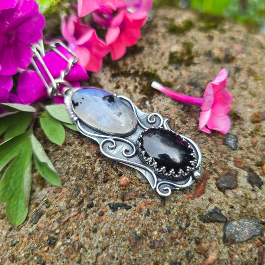 Rough Rainbow Moonstone & Black Onyx Swirl Sterling Silver Pendant