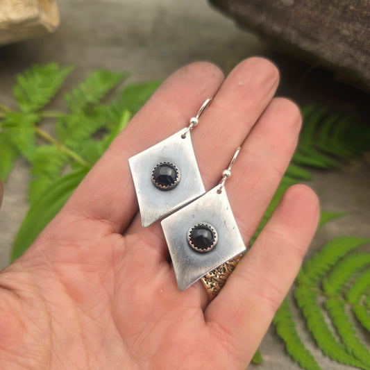 Black Onyx Hand-Forged Sterling Silver Dangle Earrings