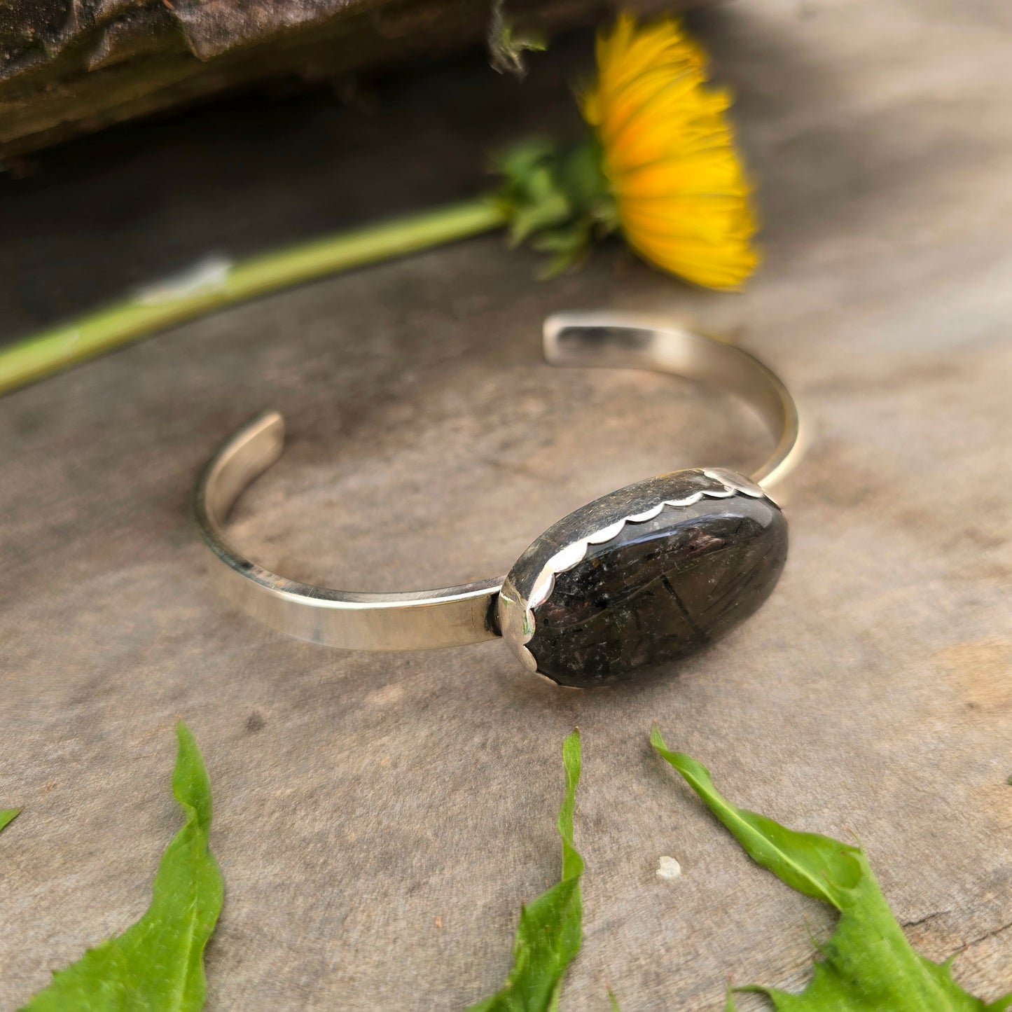 Hand-Forged Black Rutilated Quartz Sterling Silver Cuff Bracelet