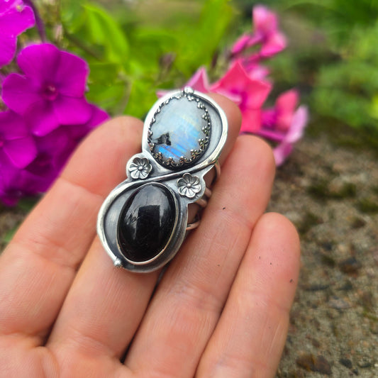 Rough Rainbow Moonstone & Black Tourmaline Flower Sterling Silver Ring
