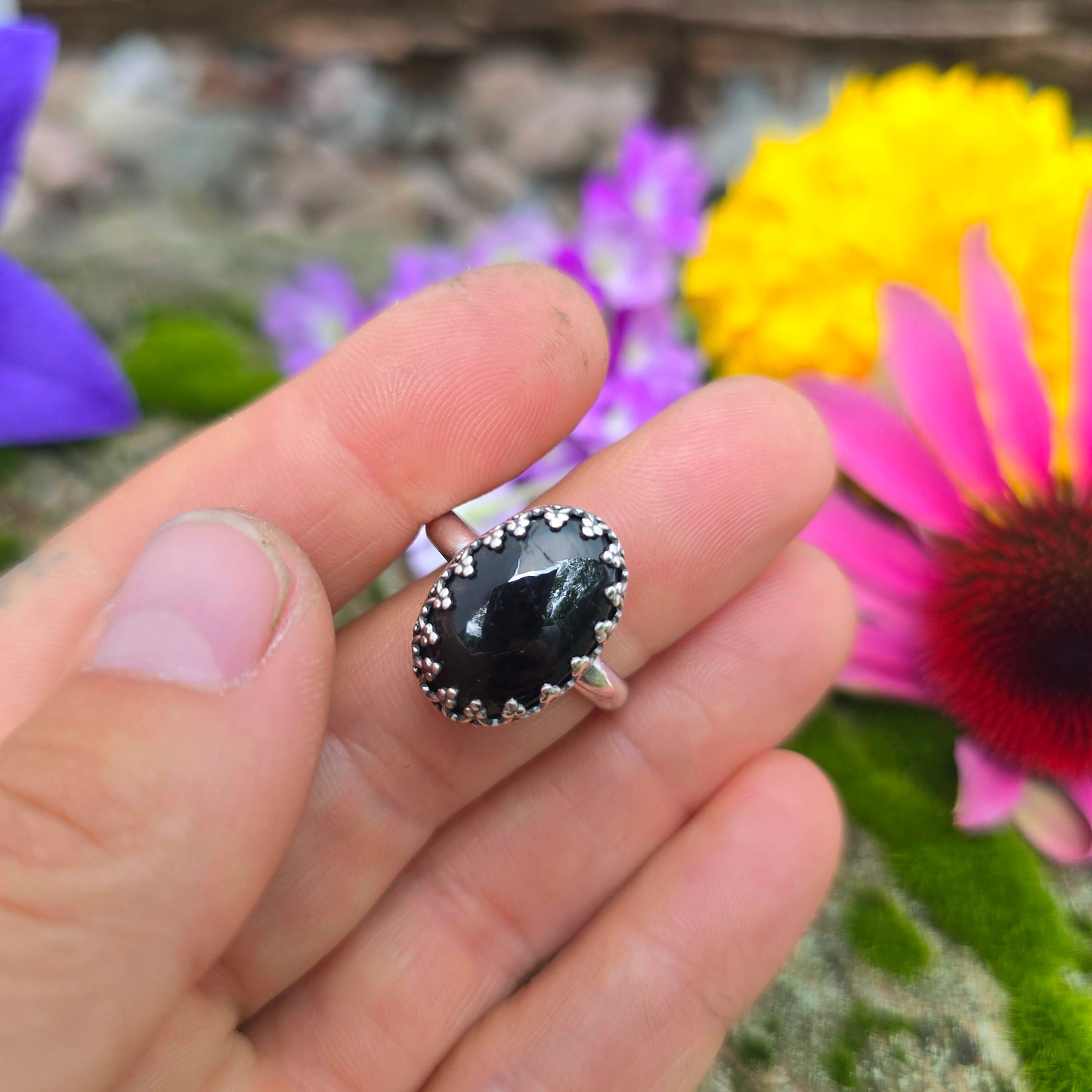 Black Tourmaline Heart Crown Hand-Forged Sterling Silver Ring