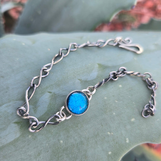 One-of-a-Kind Blue Dichroic Glass Chain Link Bracelet in Sterling Silver