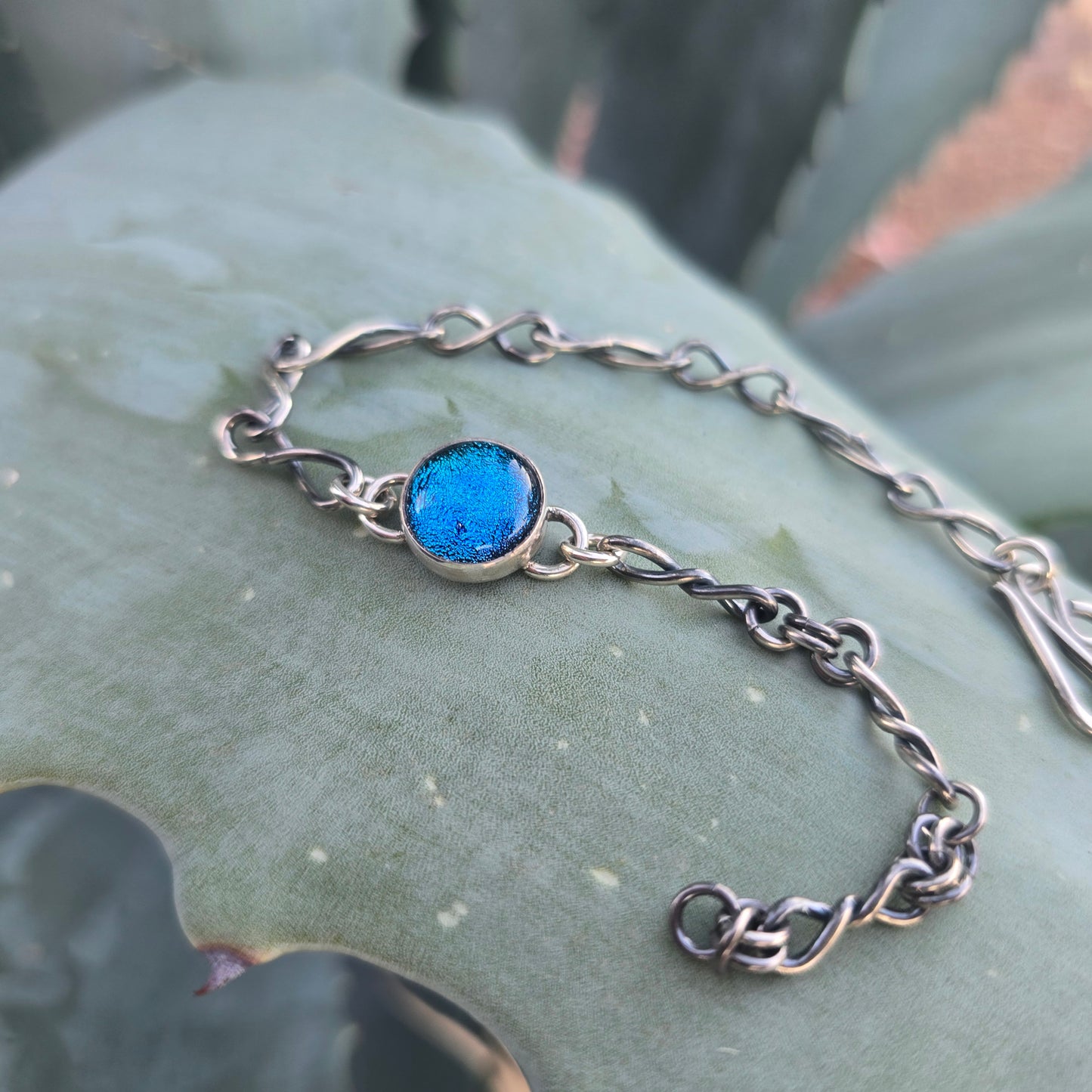 One-of-a-Kind Blue Dichroic Glass Chain Link Bracelet in Sterling Silver