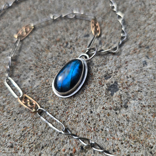 Blue Flash Labradorite Pendant in Hand-Forged Sterling Silver