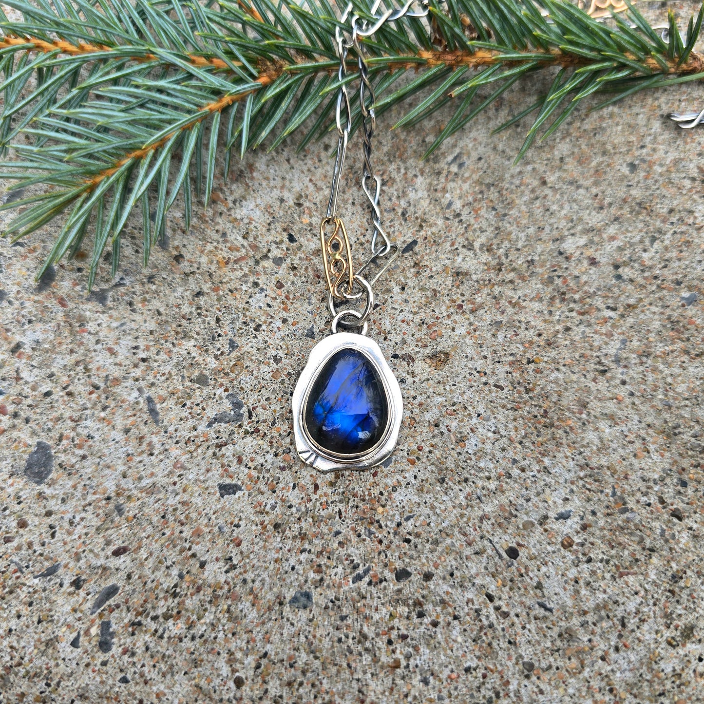 Blue Flash Labradorite Pendant with Flowing Backplate in Sterling Silver