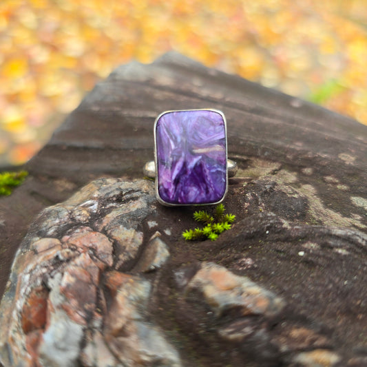 Heavy Minimalist Charoite Sterling Silver Ring