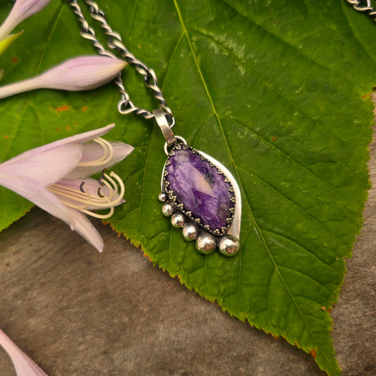 Charoite Big Bead Hand-Forged Sterling Silver Pendant