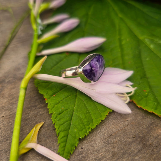 East-West Charoite Hand-Forged Sterling Silver Ring