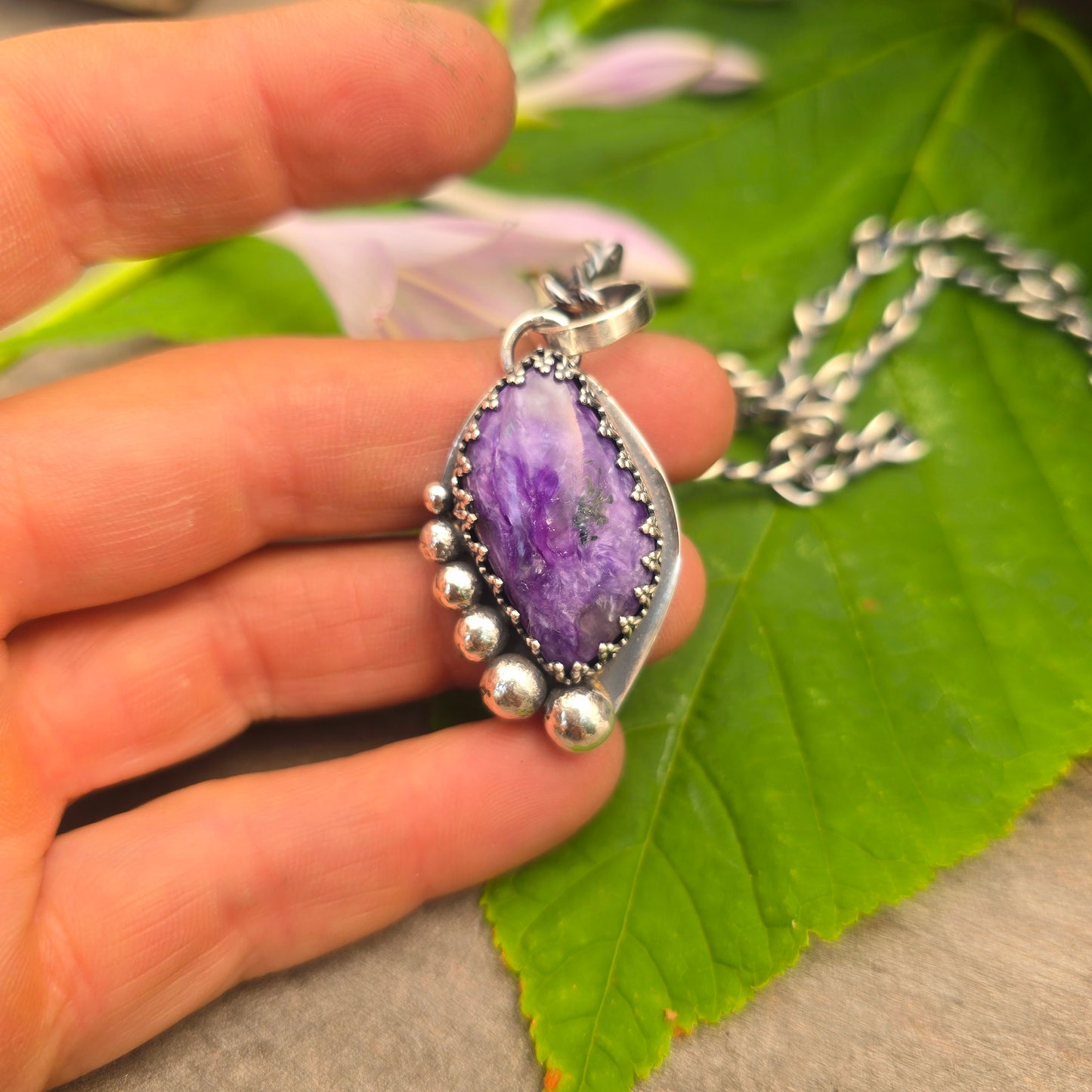 Charoite & Hummingbird Hand-Forged Sterling Silver Pendant