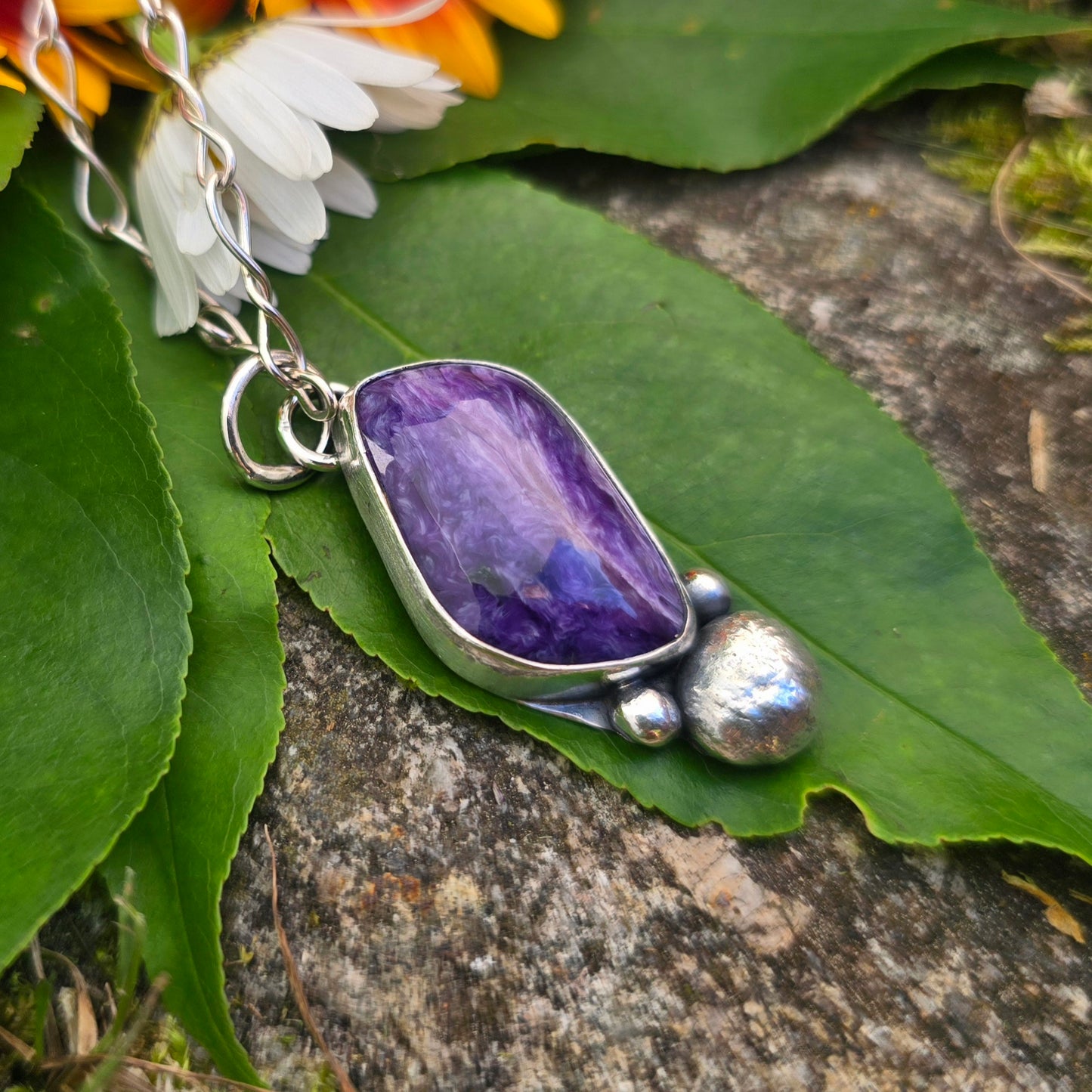 Charoite Big Bead Hand-Forged Sterling Silver Pendant