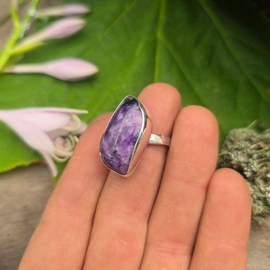 North-South Charoite Hand-Forged Sterling Silver Ring