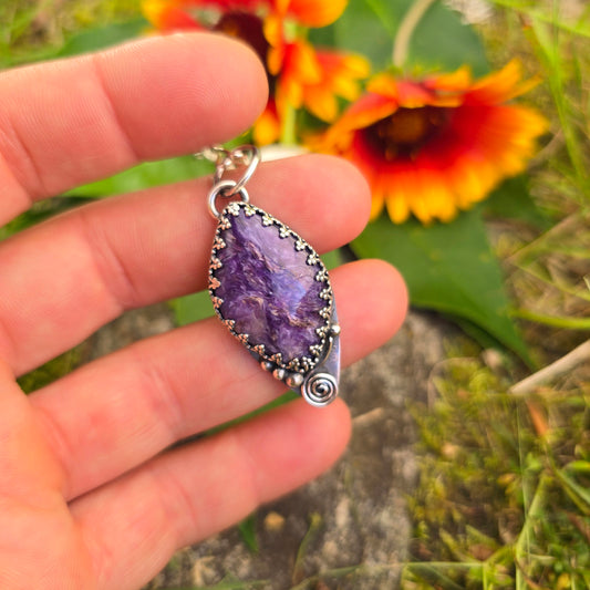 Charoite Swirl Hand-Forged Sterling Silver Pendant