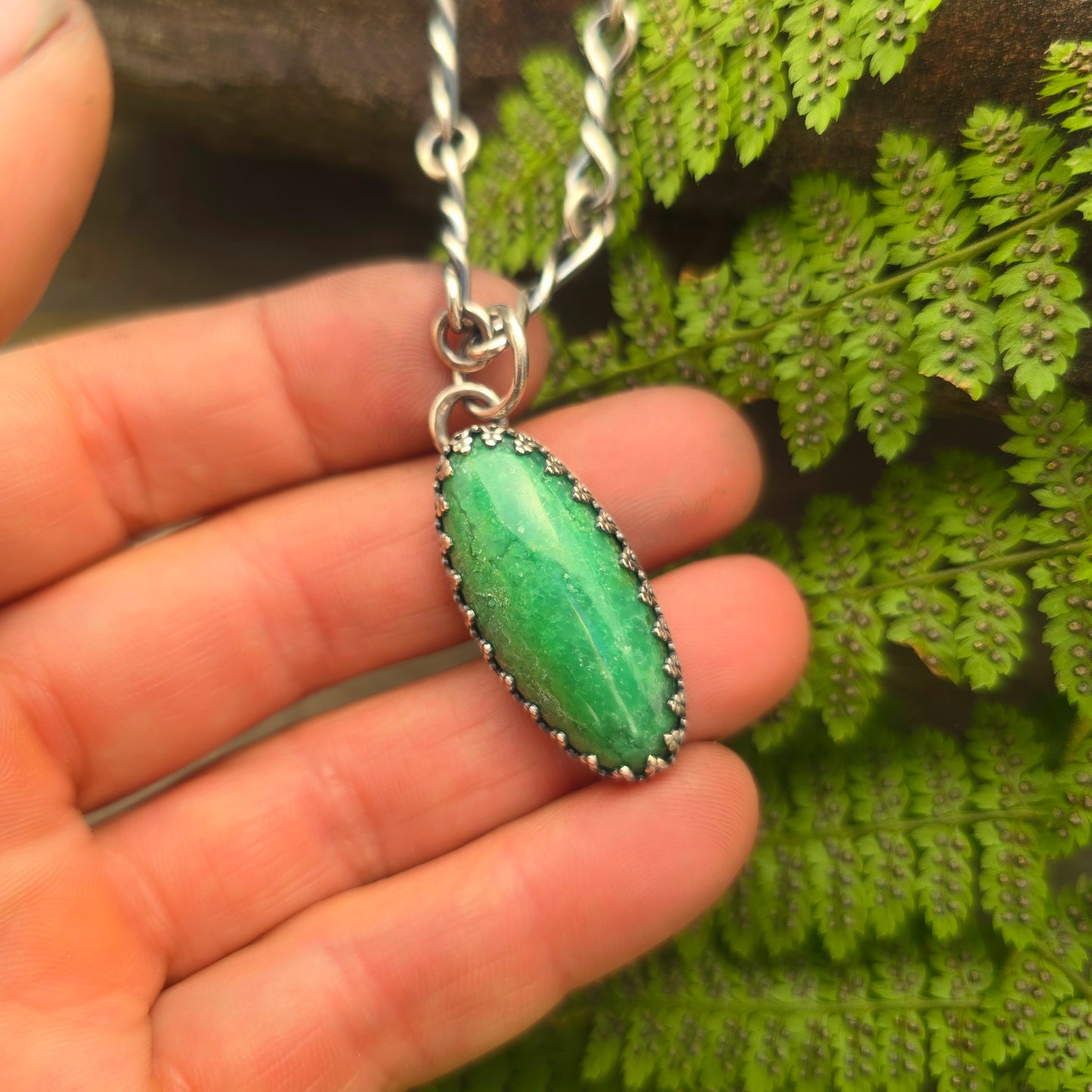 Chrysoprase Gallery Set Hand-Forged Sterling Silver Pendant