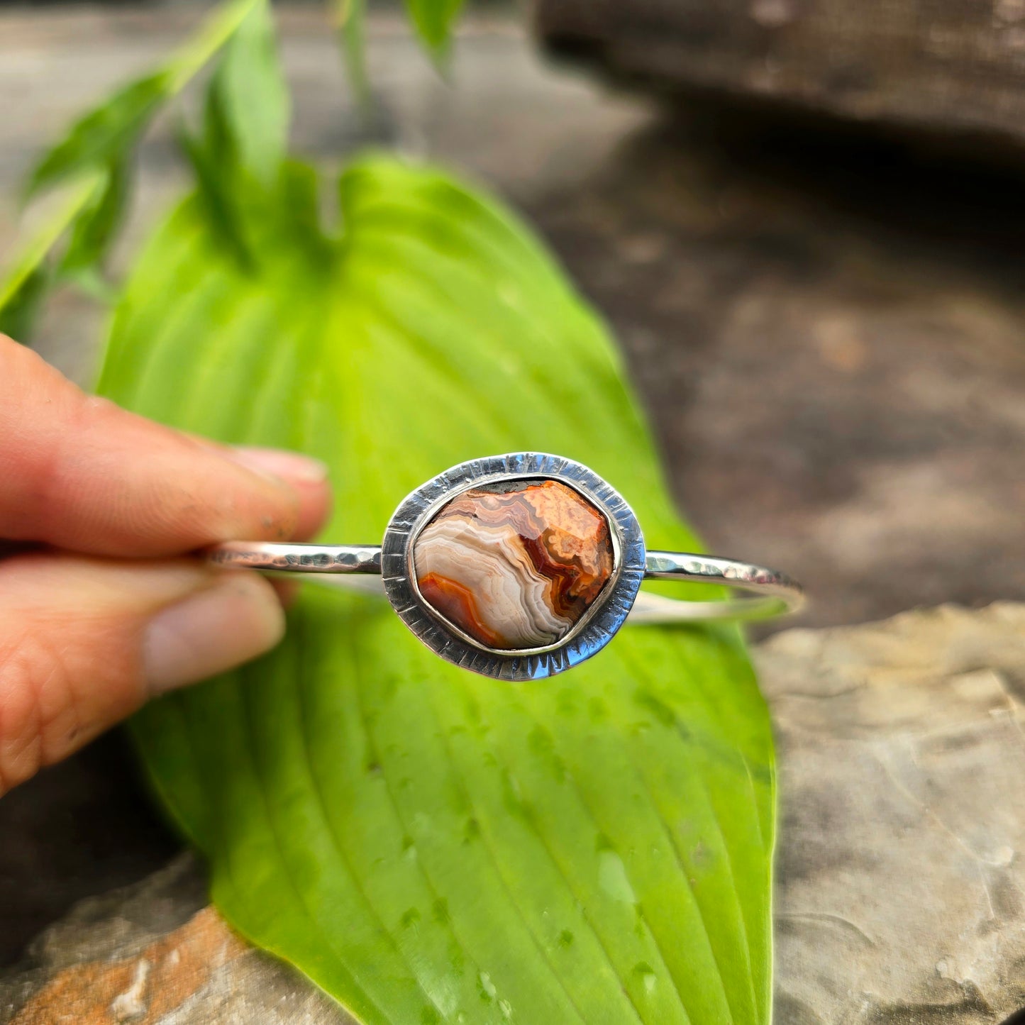 Crazy Lace Agate & Sun Rays Hand-Forged Sterling Silver Cuff