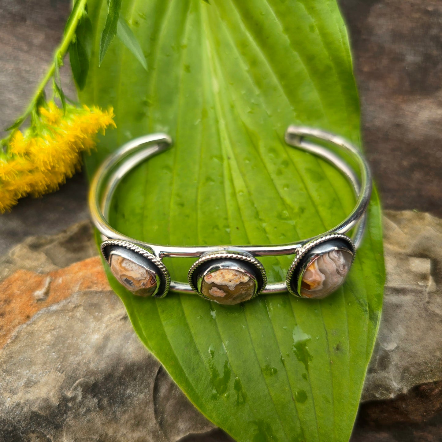 Orange Crazy Lace Agate Triple Sterling Silver Statement Cuff