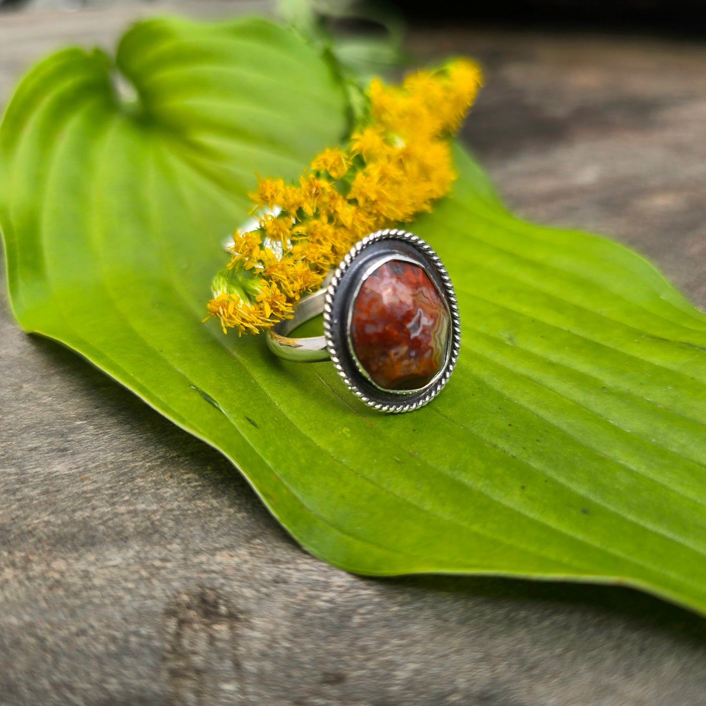 Orange Crazy Lace Agate Twisted Rope Sterling Silver Ring | Size 9.75