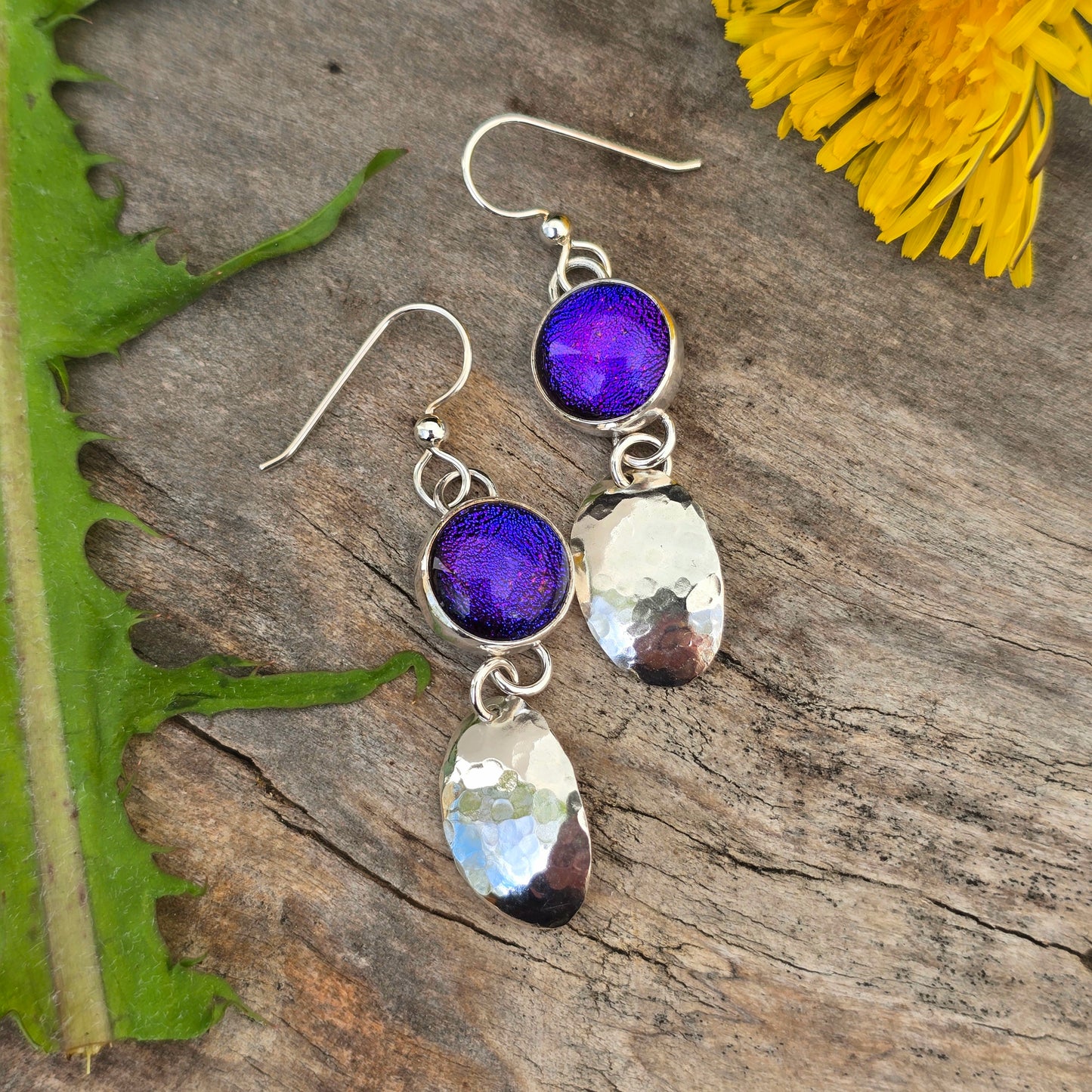 Hand-Forged Purple Pink Dichroic Sterling Silver Dangle Earrings