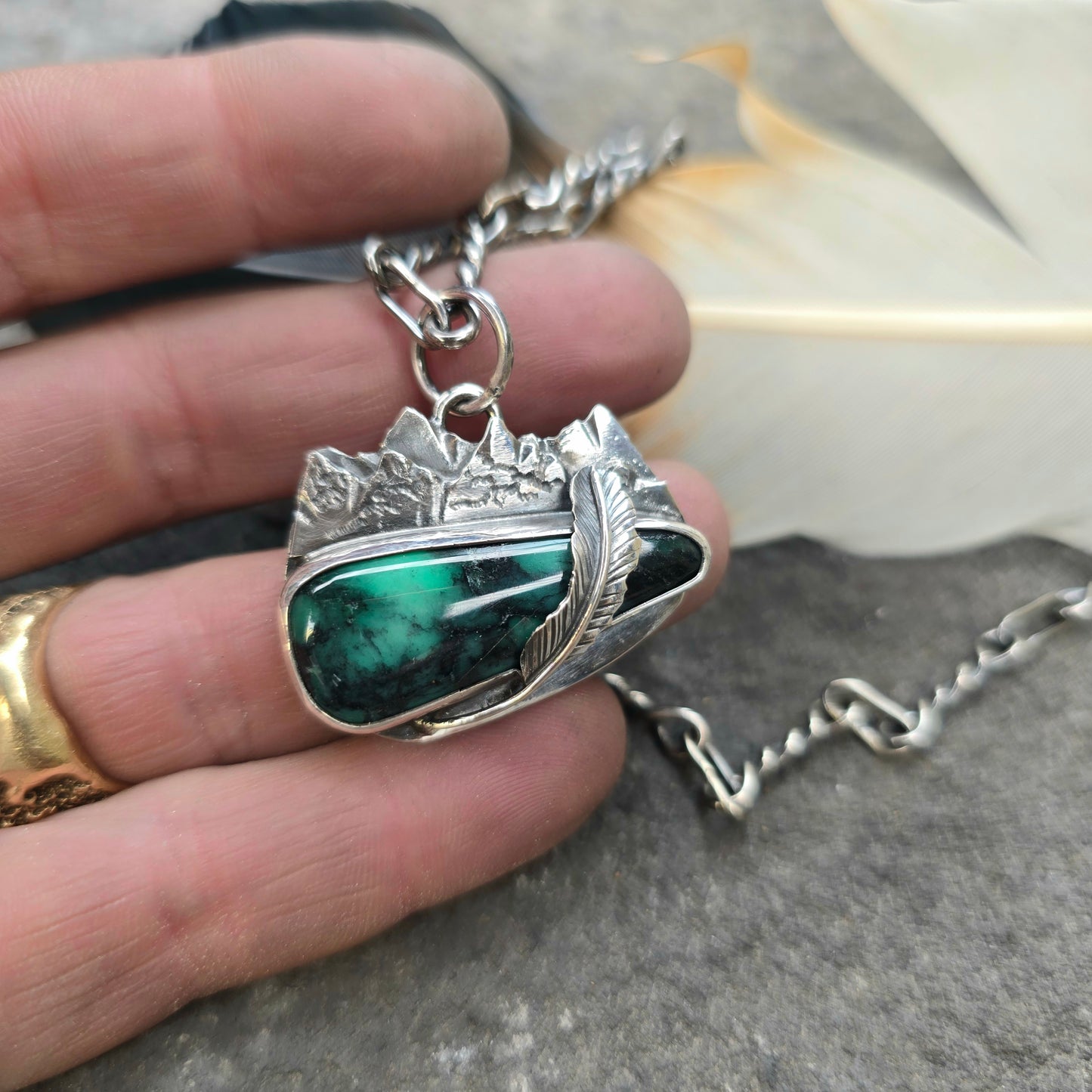 Emerald Rose Variscite Mountain Feather Sterling Silver Pendant
