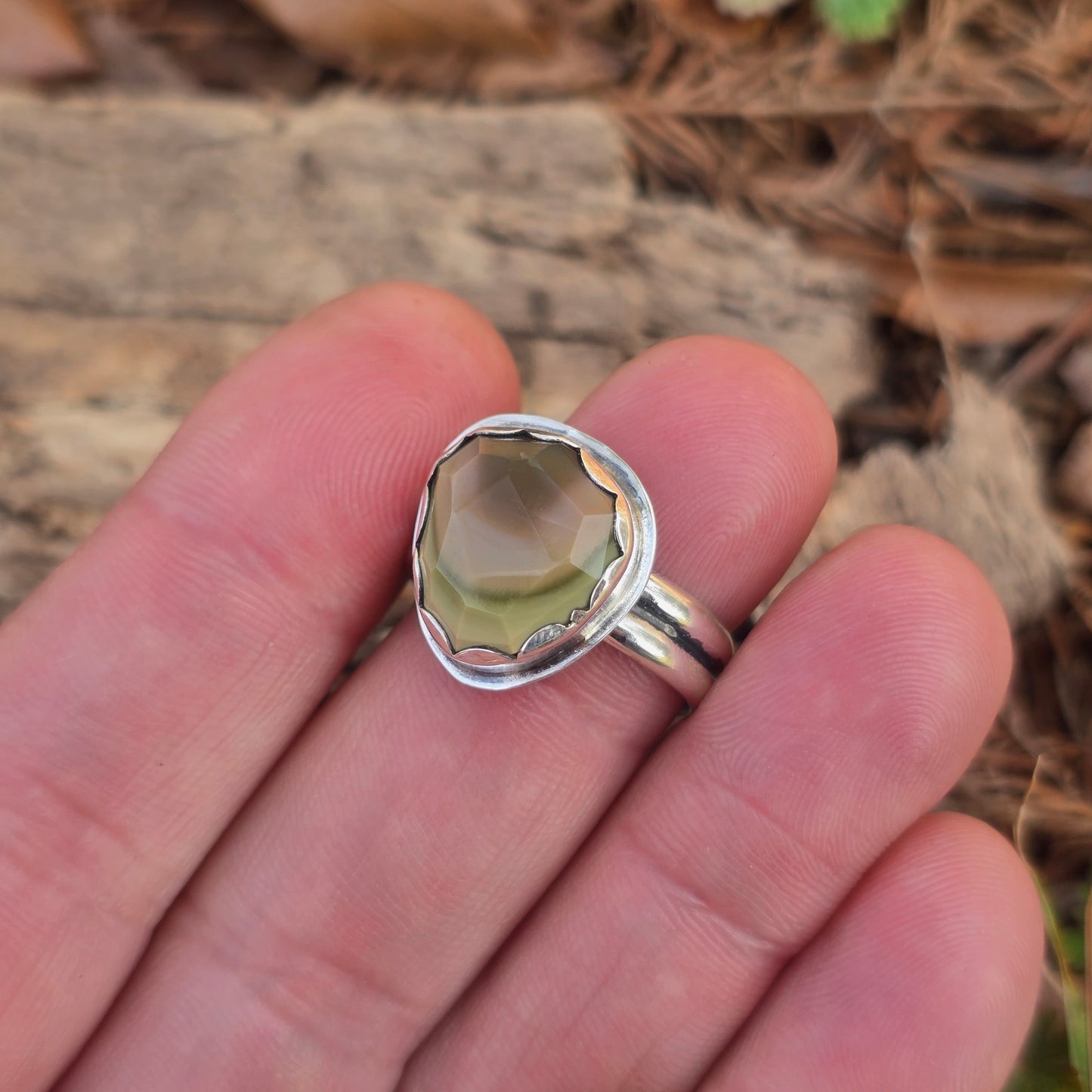 Faceted Green & Brown Imperial Jasper Ring in Hand-Forged Sterling Silver – Size 8