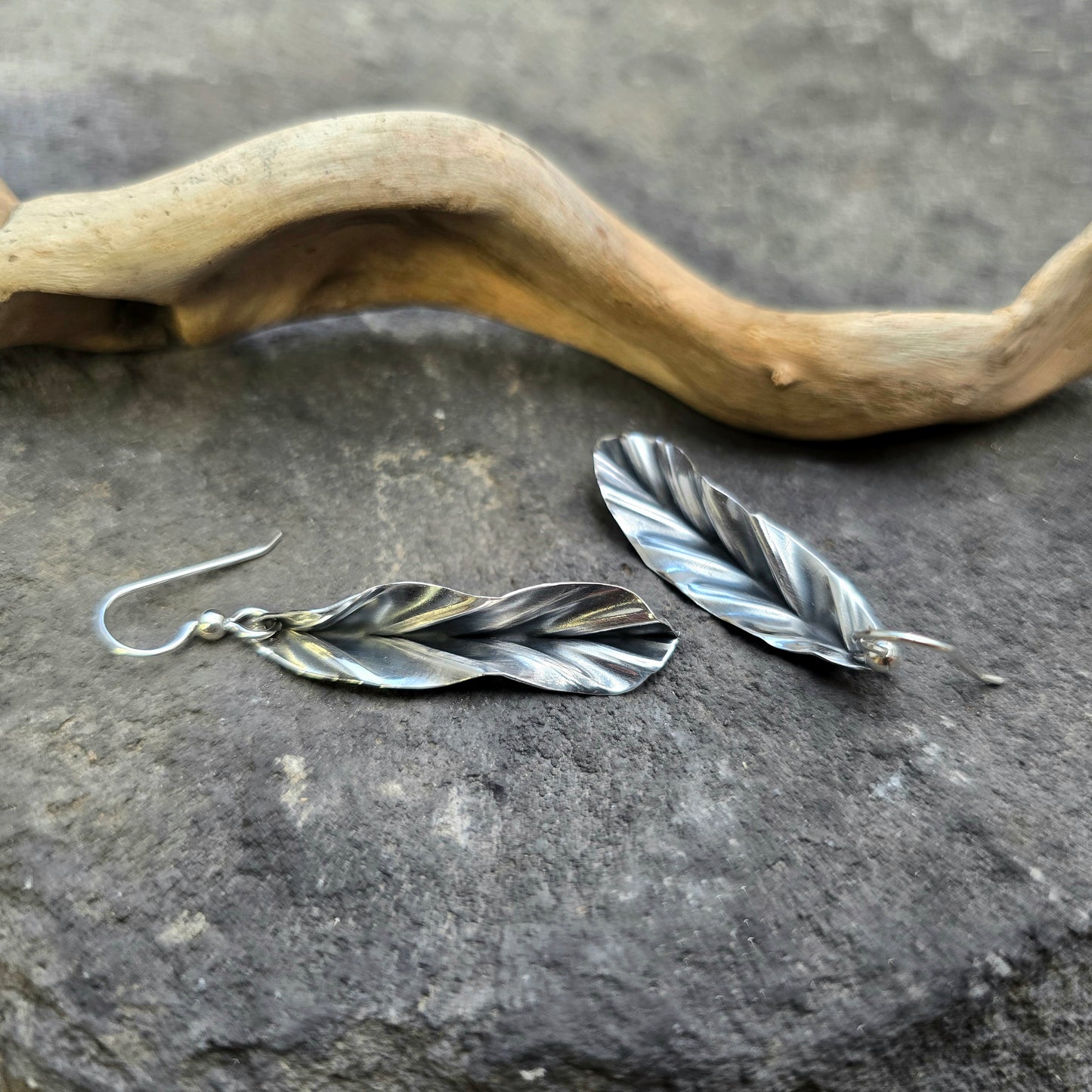 Pure Silver Hand-Forged Folded Leaf Earrings