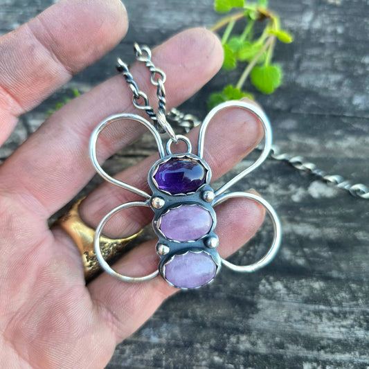 Amethyst & Kunzite Butterfly Pendant — One-of-a-Kind Sterling Silver