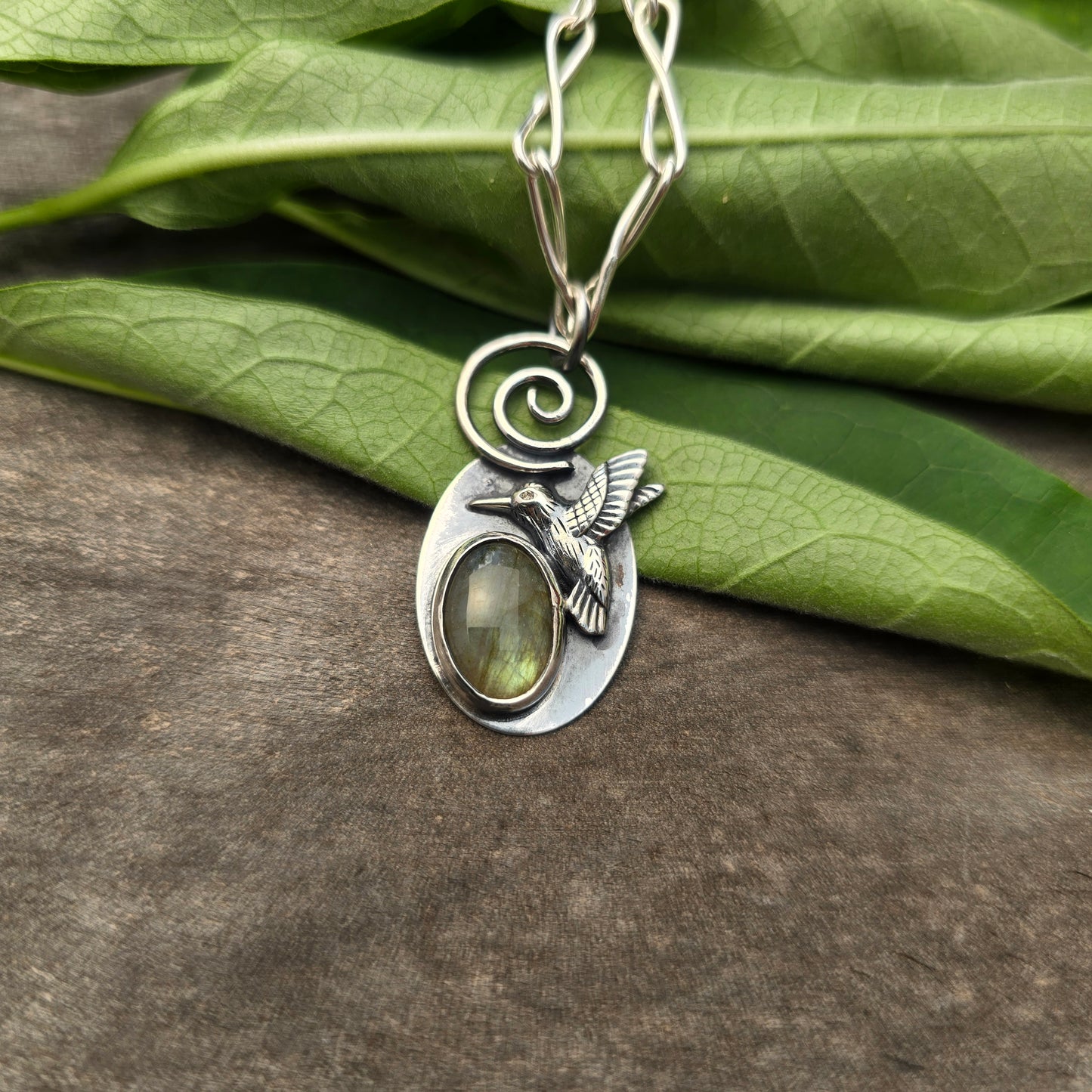 Green Flash Labradorite Hummingbird Hand-Forged Sterling Silver Pendant