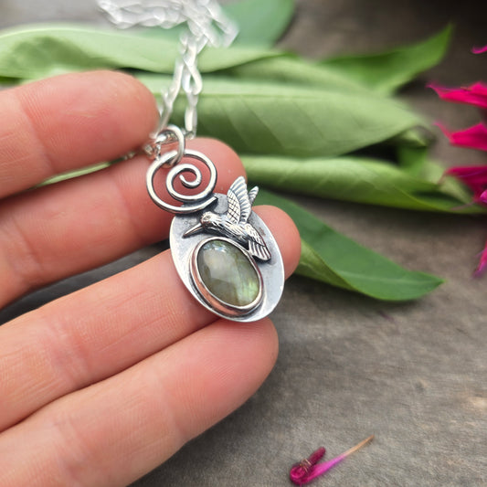 Green Flash Labradorite Hummingbird Hand-Forged Sterling Silver Pendant
