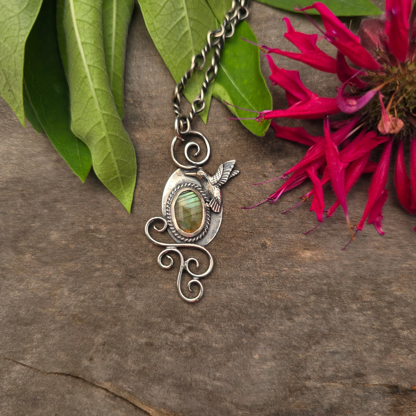 Green Flash Labradorite Swirls & Hummingbird Hand-Forged Sterling Silver Pendant